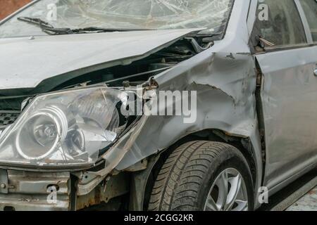 broken gray car close up. accident concept Stock Photo