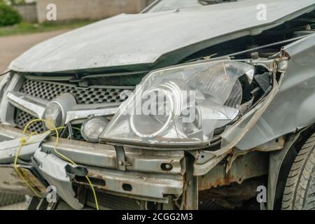 broken gray car close up. accident concept Stock Photo