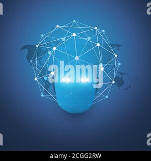 Abstract Modern Style Blue Machine Learning, Artificial Intelligence and Neural Networks Design Concept with World Map, Global 3D Network Mesh and Rob Stock Vector