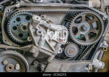 Timing chain on a gears from a car engine. Stock Photo