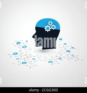 Machine Learning, Artificial Intelligence, Cloud Computing and Network Communication Design Concept with Icons and Human Head Stock Vector