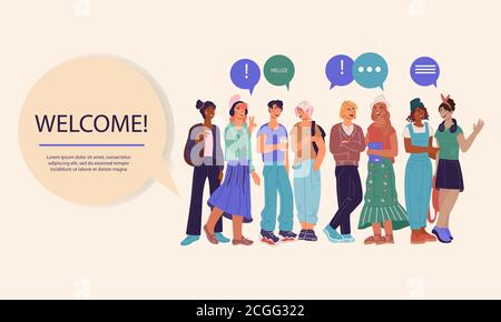 Welcome to university or college banner with students flat vector illustration. Stock Vector