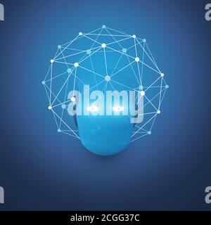 Abstract Modern Style Blue Machine Learning, Artificial Intelligence and Neural Networks Design Concept with Polygonal Sphere, 3D Network Mesh and Rob Stock Vector