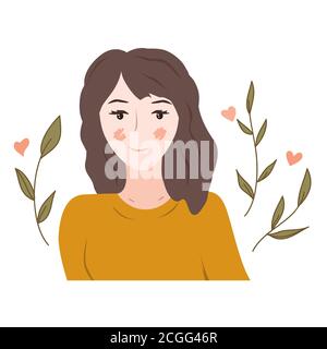 Beautiful brunette young woman with dreaming and thinking face. Romantic teenager girl character, vector illustration Stock Vector