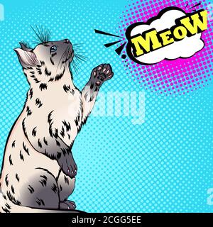 Siamese or Thai cat breed standing on two hind legs with meow speech bubble. Bright vector illustration in pop art retro style. Design for print, poster Stock Vector