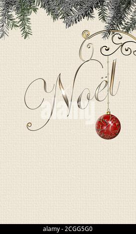 Elegant Christmas background with French text Noel and red gold bauble with fir branches on pastel background. 3D illustration Stock Photo