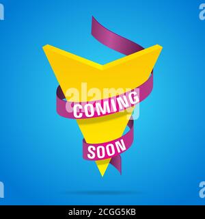 Coming Soon vector Banner design with Purple Spiral Ribbon and Yellow Launch Arrow on Blue Background. Stock Vector