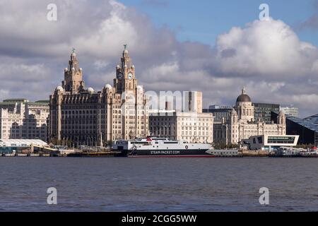 Three Graces and Royal Liver Building, Liverpool, Merseyside, England Stock Photo