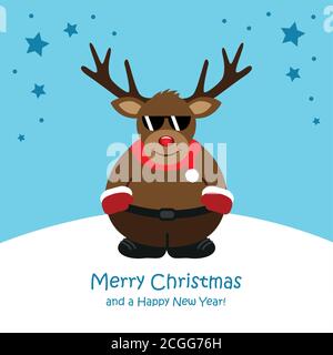 cute christmas deer with sunglasses cartoon vector illustration EPS10 Stock Vector