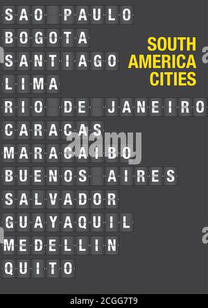 Name of South American Cities on airport flip board style. Vector font design. Stock Vector