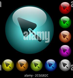 Trowel icons in color illuminated spherical glass buttons on black background. Can be used to black or dark templates Stock Vector