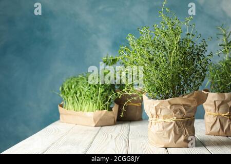 Different herbs on white wooden table against blue background Stock Photo