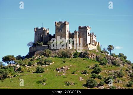 View of the Castle on top of the hill, Almodovar del Rio, near Cordoba, Cordoba Province, Andalucia, Spain, Western Europe. Stock Photo