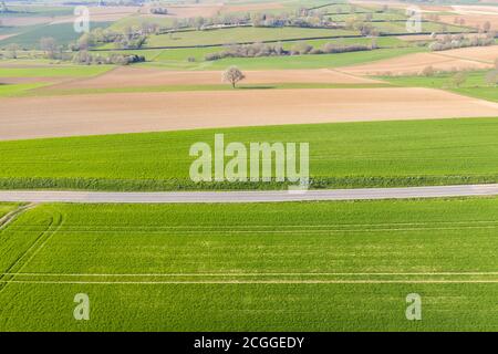 Aerial drone view, Country road runs through agricultural landscape, Walzbachtal, Kraichgau, Baden-Wurttemberg, Germany, Europe Stock Photo