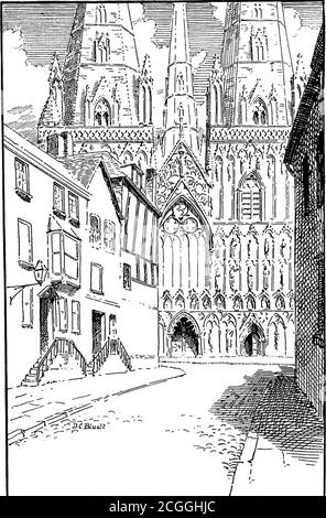 . In the old paths: memories of literary pilgrimages . ago, I, too, heardthe clock at Lichfield striking twelve, for the opencasement windows had a fascination that banishedsleep. The moon, obscured by clouds, was nearing thefull, and into the grey, luminous sky rose The Ladiesof the Vale, the two florid western spires, dating fromthe fourteenth century, and their younger sister, thecentral spire, said to be the work of Sir ChristopherWren, who had been commissioned to replace theoriginal spire, destroyed by a fanatical Puritan. Noother cathedral in England can now show such a pic-ture as is h Stock Photo
