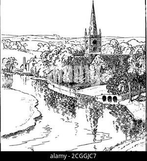 . In the old paths: memories of literary pilgrimages . silhouetted against acloudless sky. The sun is almost overhead, and re-flected as a glistening ball on the placid waters of theAvon beneath. The green meadows and the grandelms surrounding the Holy Trinity are soothing to theeye. Never shall I forget my first morning service inthe parish church of Stratford. The cathedral-likechurch is crowded, but yonder, separated by thesanctuary rails, yonder in the noble chancel with itsgreat emblazoned perpendicular windows, rest theremains of all that was mortal of William Shakespearewaiting for the Stock Photo