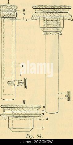 . Elektrizitätslehre für Mediziner und Elektrotherapie . ende Ein-richtung angegeben (Fig. 85). Zwei Glasröhren, 10 Ctra. lang, 1 Ctm.weit, sind oben mit einem gewöhnlichen Kork verschlossen. Durch diesengeht ein amalgamirter Zinkstab, der ausserhalb des Korkes mit demKupferleitungsdraht verlötet ist. Die Glasröhre wirdunten durch Ton- oder Papiermachepfropfen (wie obenbeschrieben) verschlossen und dann ganz mit konzen-trirter Zinkvitriollösung gefüllt. Stöhrer hat unpolari-sirbare Elektroden konstruirt, bestehend aus Glasbehälterfür Zinkvitriollösung, Stromeinleitung durch einen Zink-stab und Stock Photo