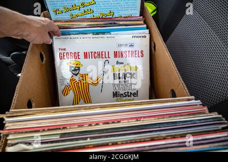 Black and white minstrels, Arts Culture and Entertainment, Audio Easy Listening records at car boot sale, Choosing, Collection,Easy Listening records Stock Photo