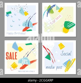 Set of editable template for social media post templates.For personal and business accounts. White background with abstract elements in the form of br Stock Vector