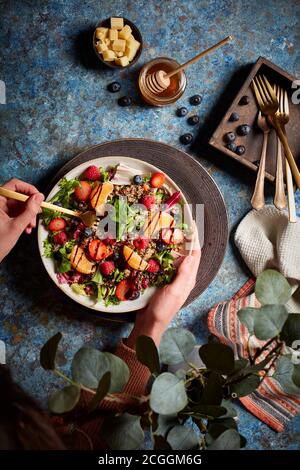 Salad with Fruits, top view Stock Photo