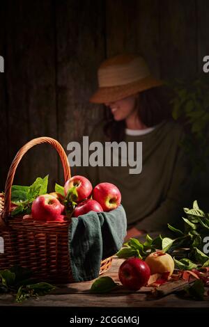 Red apples in a basket Stock Photo