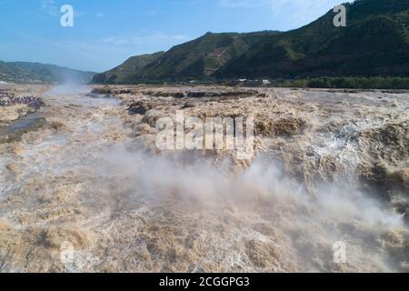 Yan'an. 11th Sep, 2020. Aerial photo taken on Sept. 11, 2020 shows the view of the Hukou Waterfall on the Yellow River in Yichuan County, northwest China's Shaanxi Province. Credit: Shao Rui/Xinhua/Alamy Live News Stock Photo