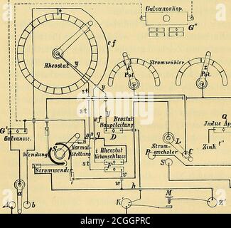 . Elektrizitätslehre für Mediziner und Elektrotherapie . Fig. 70. (negativen) Zinkpol der Batterie zurück. Hinter (über) dem Tableaubefindet sich das Galvanoskop (G), und zwischen dem Kommutator(S) und dem Rheostaten (R) sind durch Lücken getrennte Messing-. KoH« Jiiduc Appan (^ r-Q O- Stock Photo