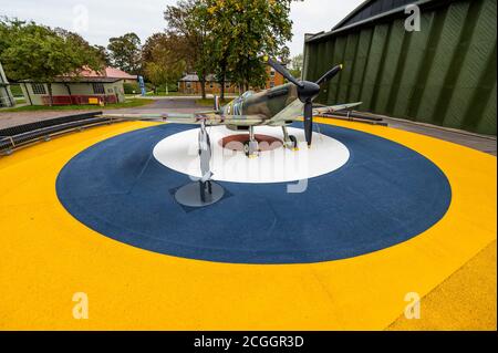 London, UK. 11th Sep, 2020. A replica spitfire on a huge RAF roundel outside - The newly refurbished Battle of Britain exhibition. Giving an historical overview of what happened across Britain during 1940. With personal stories, and cut outs of the personnel, from ‘the Few' and authentic Battle of Britain aircraft and objects. Credit: Guy Bell/Alamy Live News Stock Photo