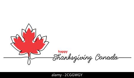 Thanksgiving Canada art background with maple leaf. Simple vector web banner. One continuous line drawing with lettering happy Thanksgiving Canada Stock Vector