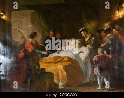 Painting, 'The Death of Leonardo da Vinci' by Francois-Guillaume Menageot painted in 1781, in the Great Bedroom, Amboise Chateau, Amboise, France Stock Photo