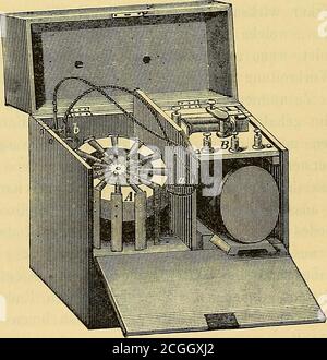 . Elektrizitätslehre für Mediziner und Elektrotherapie . erhalten, ist an jedes dieser Enden einzu einer zylindrischen Röhre zusammengerolltes dünnes Kupferblech,vertiiial nach abwärts gerichtet, angelötet. Zwischen diesen Röhrensowie im Innern derselben zirkulirt fortwährend Luft, welche sie unddamit die Enden der Elemente abkühlt. Bei sorgfältiger Behandlung ist der Strom einer solchen Stern-säule, wie man sie wegen der Anordnung ihrer Elemente genannthat, sehr konstant. Sie eignen sich daher sehr gut da, wo man nichtsehr grosser elektromotorischer Kräfte bedarf, als Ersatz für galva-nische Stock Photo