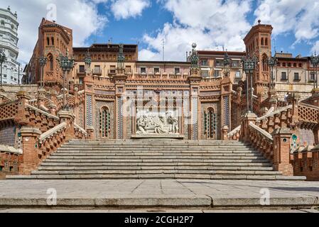 The staircase of Teruel also known as the Staircase of the Station or the Oval with the relief of the lovers by the sculptor Aniceto Marinas, Spain Stock Photo