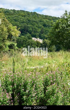 view to a country house from a narrowboat on the Kennet & Avon canal in south west England Stock Photo