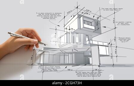 3D rendering of a hand  adding specifications in a modern building project, it is dummy text for design purposes Stock Photo