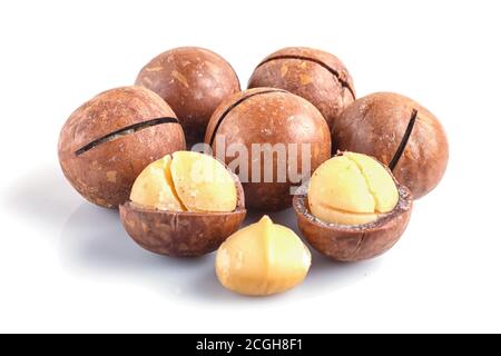 Pile of macadamia nuts with shell isolated on white background. close up. Stock Photo