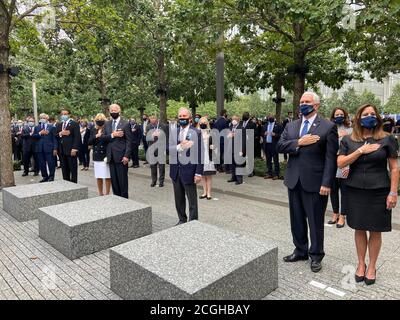 The traditional moment of silence is observed at 8:46 am on Friday, September 11, 2020 in New York, New York, marking the moment the first plane hit one of the two World Trade Center towers on September 11, 2001. Visible in the photo, from left to right: Jill Biden, former United States Vice President Joe Biden, the 2020 Democratic Party nominee for President of the United States, US Senate Minority Leader Chuck Schumer (Democrat of New York), former Mayor Michael Bloomberg (Independent of New York), US Senator Kirsten Gillibrand (Democrat of New York), US Vice President Mike Pence, and Karen Stock Photo