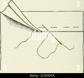 . Household science in rural schools . Fig. 4.—OTPrhanding hems, to hold the edges of t^he material together. Theoverhanding stitch is also used for seams, for patching,and for sewing on lace. The overhanding of narrow hems is not always neces-sary, but the ends may be made stronger thereby, and thestitch is a valuable one for the j)upils to know. 118 HOUSEHOLD SCIENCE IN RURAL SCHOOLS Hemming.—The hemming-stitch is placed on the insideof the hem. The end of the basted hem is laid over thefirst and under the second finger of the left hand, withthe folded edge outside and the material toward th Stock Photo