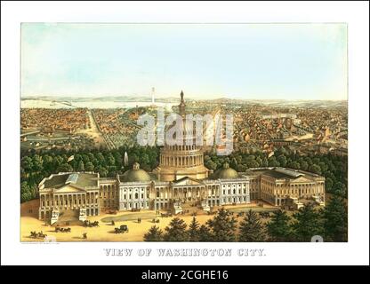 The Capitol Washington DC vintage colour lithograph City USA 1871 colour fine illustration elevated wide view The United States Capitol, often called the Capitol or the Capitol Building, is the seat of the United States Congress, the legislative branch of the federal government. It is located on Capitol Hill at the eastern end of the National Mall in Washington, D.C. Stock Photo