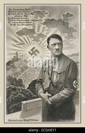 Archive Nazi election Propaganda 1930's REICHSKANZLER ADOLF HITLER, Adolf Hitler, standing in front of a castle backdrop with a shining swastika symbol as a metaphor for a new morning rising sun '[Photo Ullrich Leipzig]', around 1933 Stock Photo