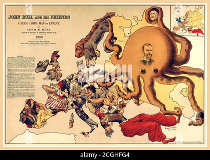 Vintage 1900 political caricature map, 'John Bull and his friends' by Frederick Rose of the countries of Europe, known as the Octopus Map from the brooding presence of the Russian Empire depicted as a massive octopus, whose tentacles stretch out towards Europe. Stock Photo