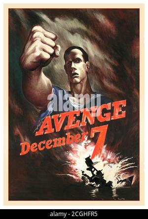 PEARL HARBOUR WW2 Vintage Propaganda Poster “Avenge 7th December” American poster after the infamous Pearl Harbor surprise attack by Japan 1941 bringing the USA into a war with the Allies against the Axis of Japan Germany & Italy. America finally defeated Japan by dropping atom bombs on the Japanese cities of Hiroshima and Nagasaki Japan immediately & unconditionally surrendered. Stock Photo
