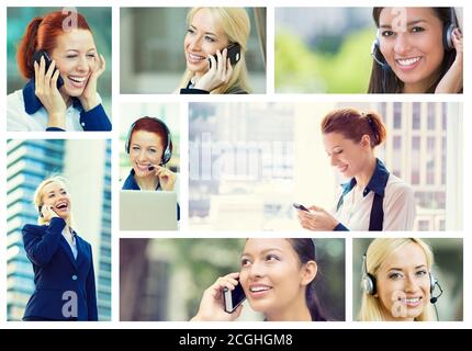 Call center service and happy clients concept. Collage of customer support or sales agents and successful business women Stock Photo