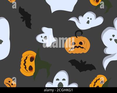 Halloween seamless pattern with ghosts, bat and evil pumpkins. Jack-o-lantern. Festive background for wrapping paper, print, fabric and printing. Vect Stock Vector