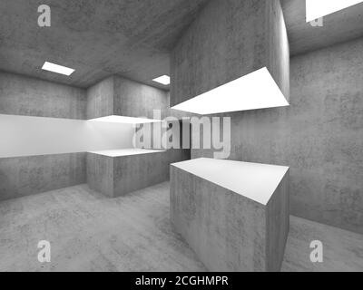 Illuminated blank white exhibition stands are in empty concrete showroom interior. 3d rendering illustration Stock Photo