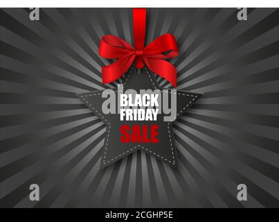 black friday sale poster. star-shaped price tag with red bow on black sunburst background Stock Vector