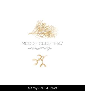 Vector vintage hand drawn Christmas card template with mistletoe and pine tree branch Stock Vector