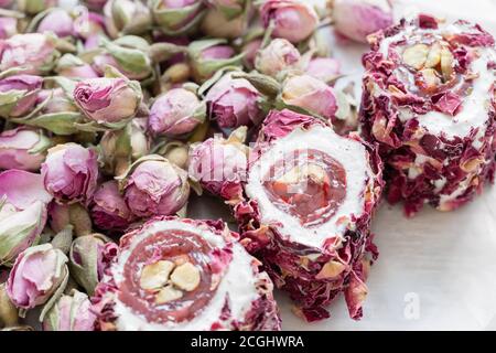 Nougat With Edible Flower Petals In A Pink Coffee Cup And Dried Rose Buds  Lebanese Sweets Turkish Delight Stock Photo - Download Image Now - iStock