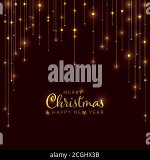 Minimalist Christmas flyer card temlate with golden light chains on dark background Stock Vector