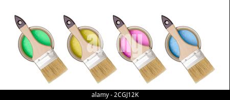 Paint brushes on cans of paint, set with different colors of paint. Isolated on a white background. Stock Photo