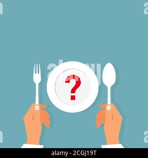 Vector top view of a woman sitting at a table in front of an plate with question mark thinking of diet choices Stock Vector
